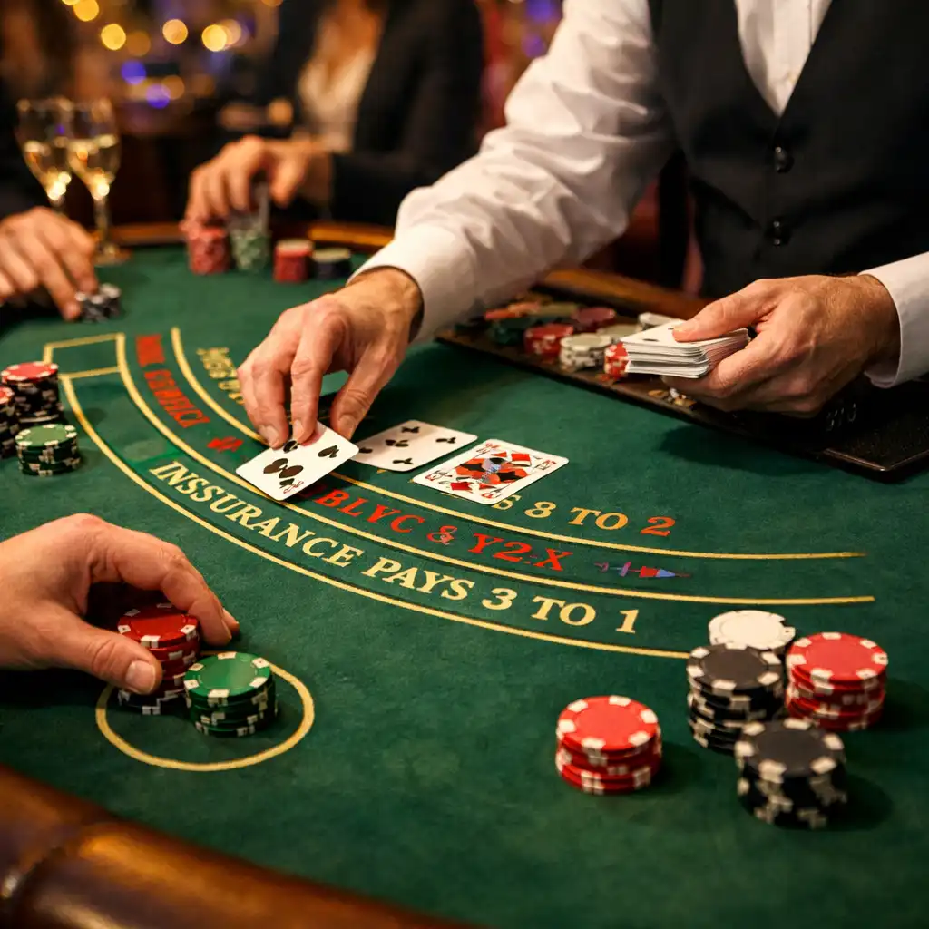 Dealer and players in action at a blackjack table during an event