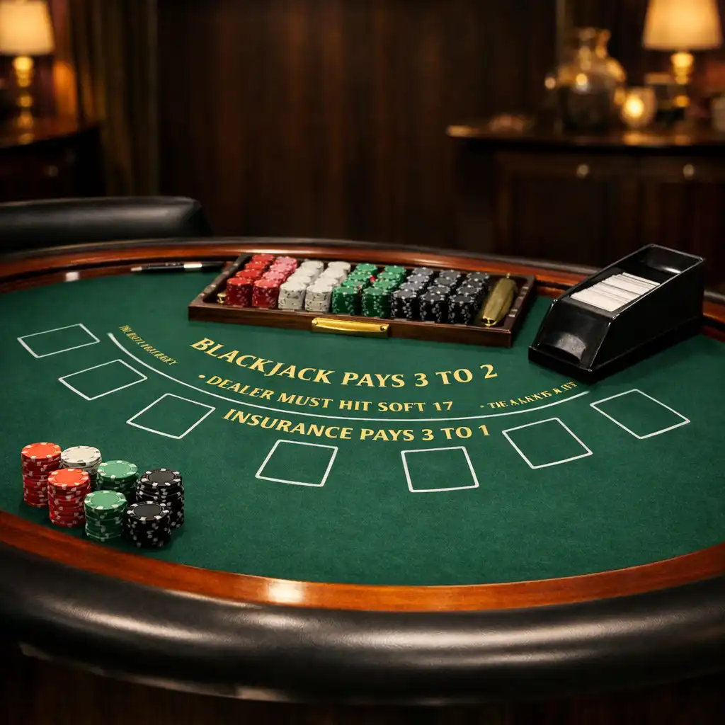 Blackjack table with green felt layout, card shoe, and neatly stacked chips
