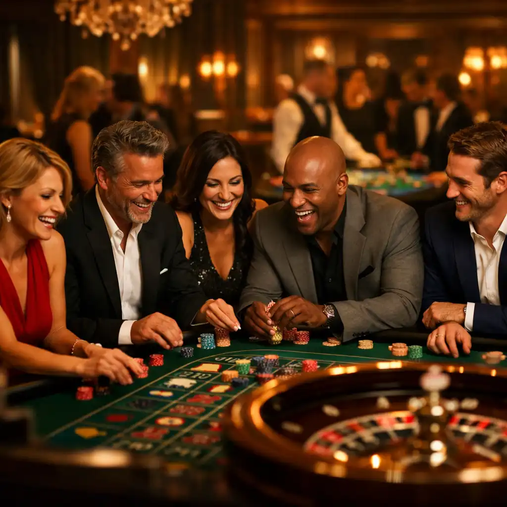 Guests enjoying a casino-themed evening around a roulette table with warm ambient lighting