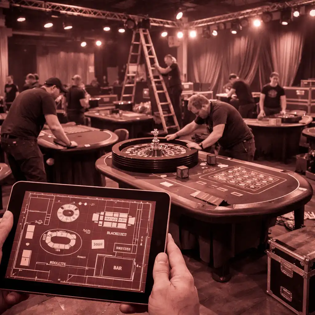 Event production team setting up casino tables and lighting in a venue