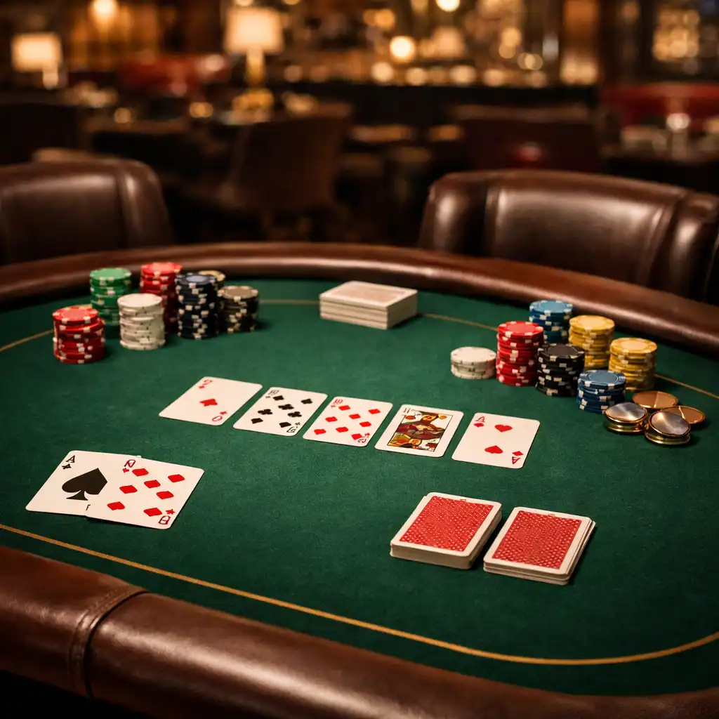 Professional poker table with chips and cards in an elegant event setting