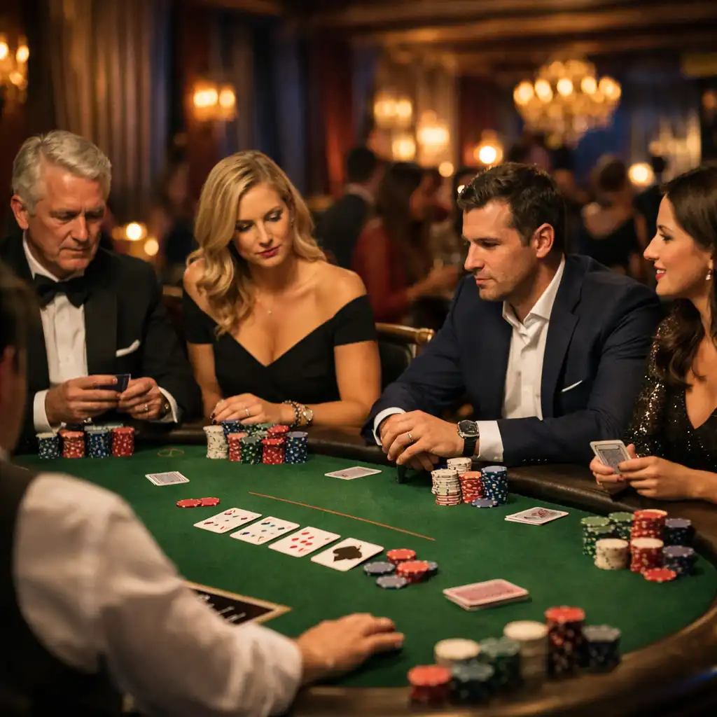 A sophisticated private event with guests seated around a professional poker table in a London venue