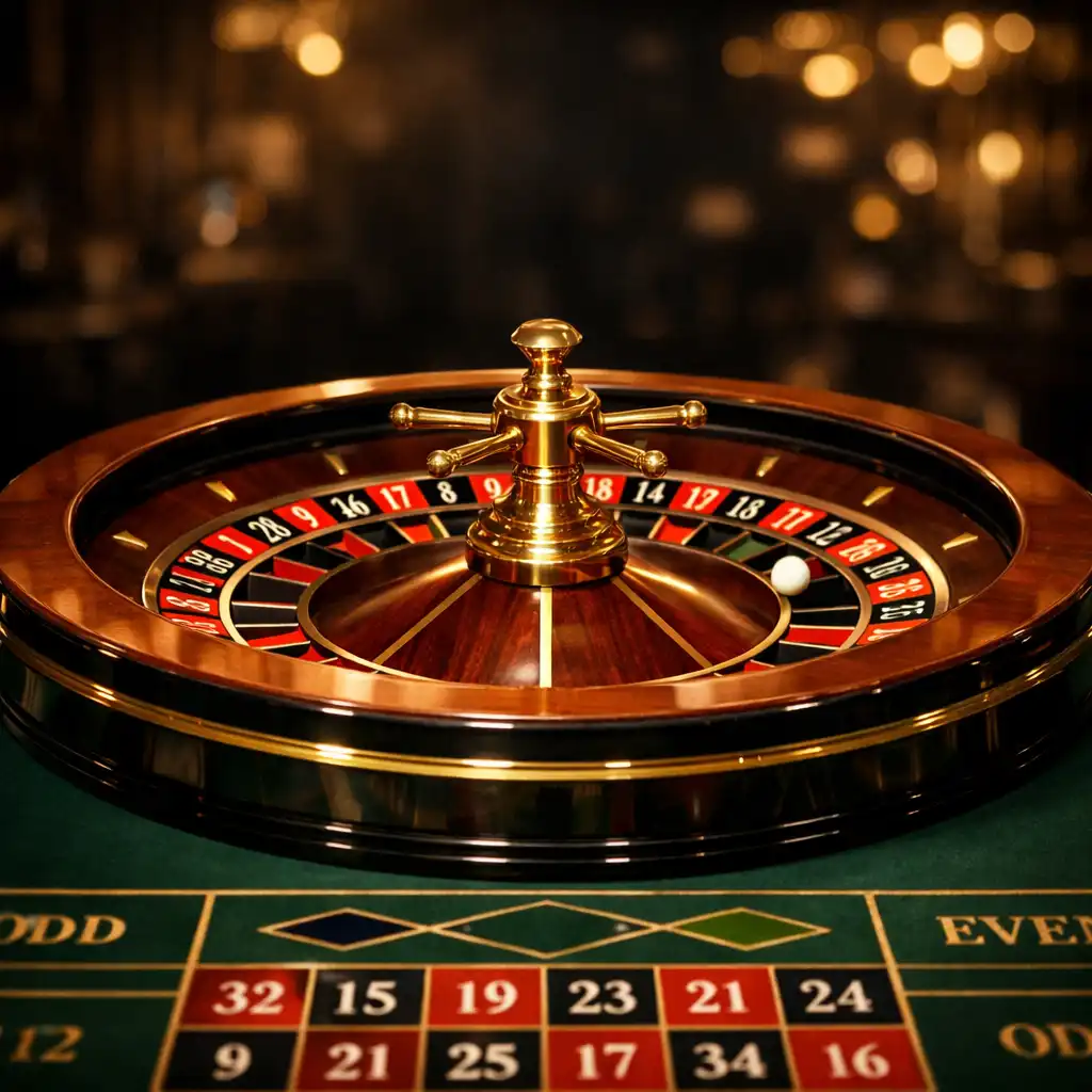 Roulette wheel in sharp focus on a luxurious casino-themed event table
