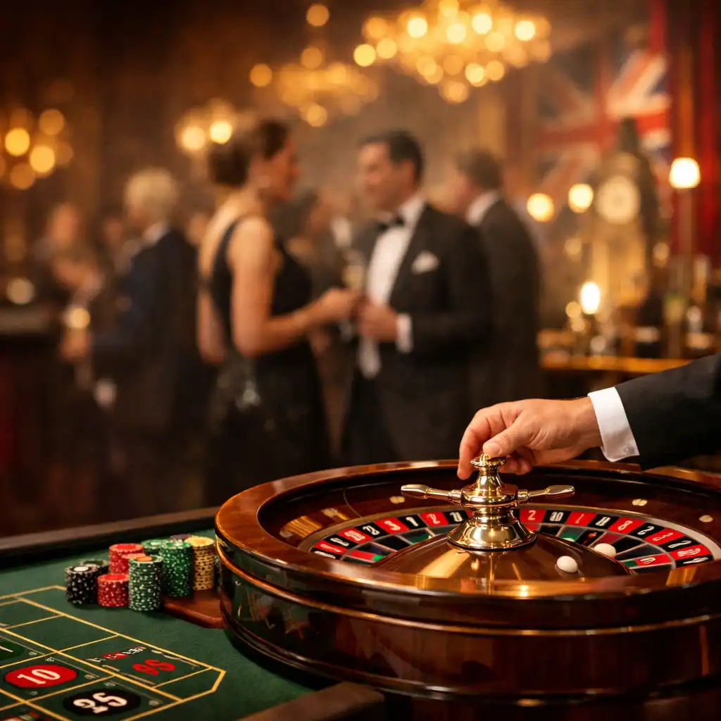 Professional casino table at an Eventravio event with a croupier and guests in the background