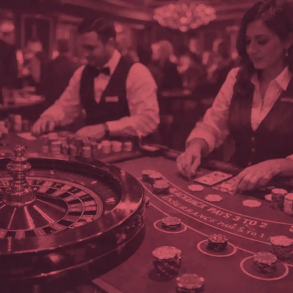 Physical casino table setup with roulette and blackjack at a corporate event