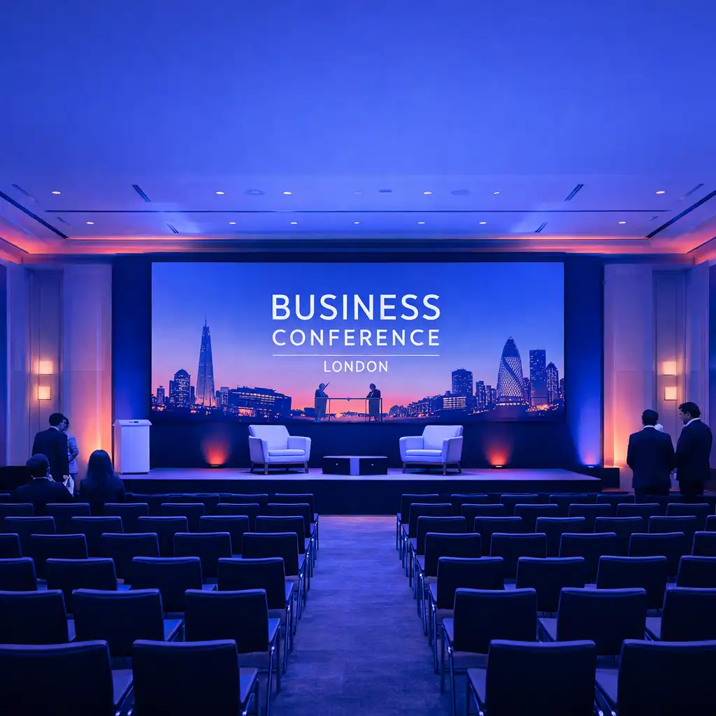 Modern corporate event space in London with a stage, large screen, and rows of seating