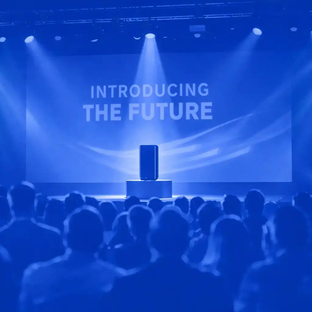 Corporate product launch stage with a spotlighted product and audience