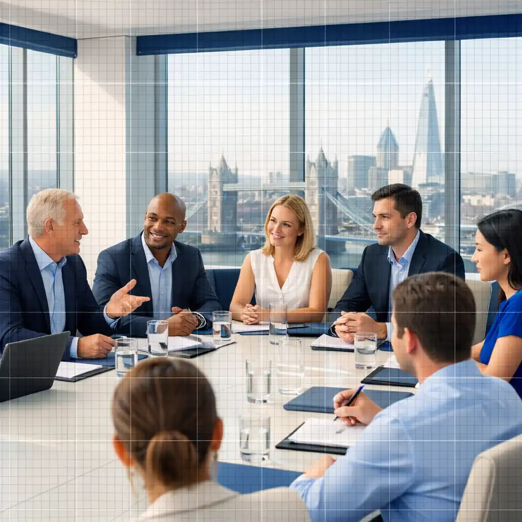 Corporate meeting in progress with professionals around a conference table and a London view