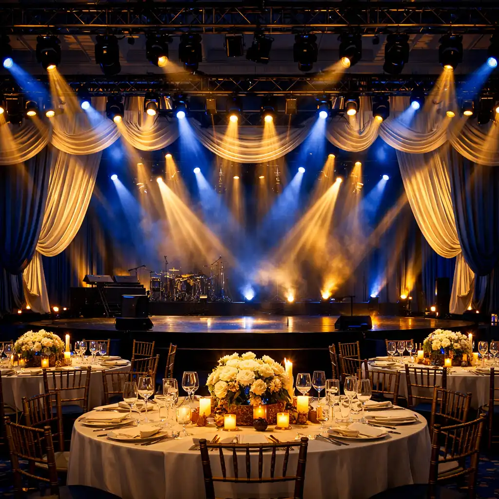 Transformed event venue with dramatic lighting, staging, and elegant round tables set for a gala