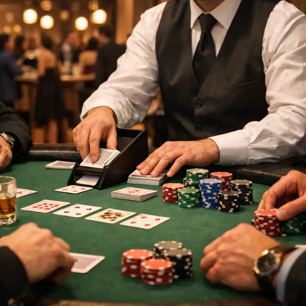 Poker game in progress with dealer dealing cards and chips on the table
