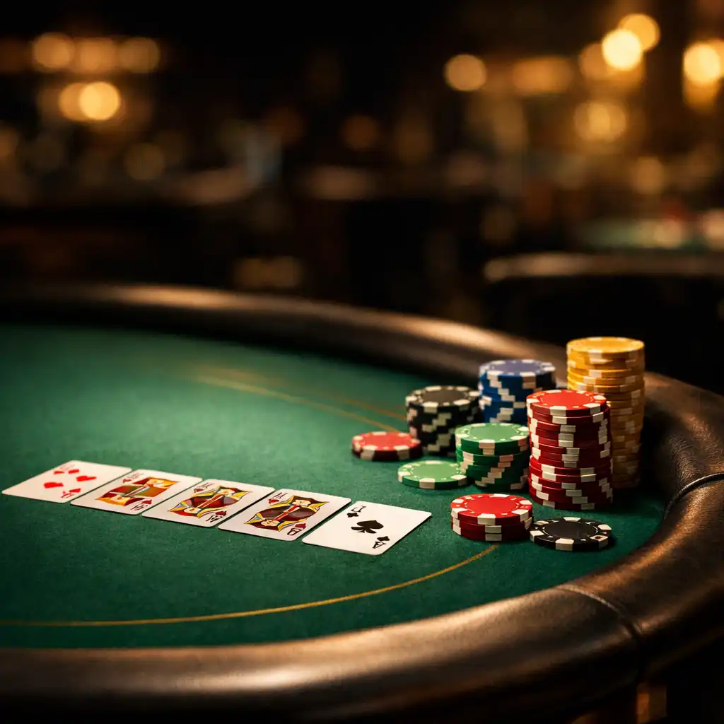 Professional poker table with cards and chips in a dimly lit event space