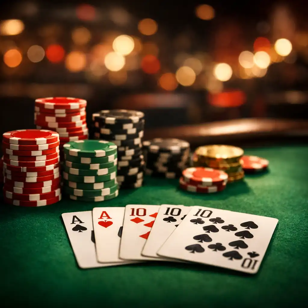 Close-up of a professional poker table with cards and chips during an event