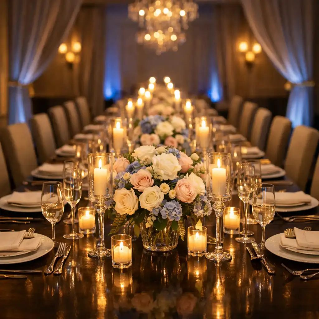 Elegant birthday dinner setup with floral centerpieces, candles, and fine tableware