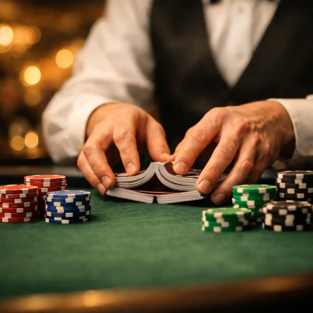 Close-up of a poker table at a private event with a dealer's hands shuffling cards and colorful chips