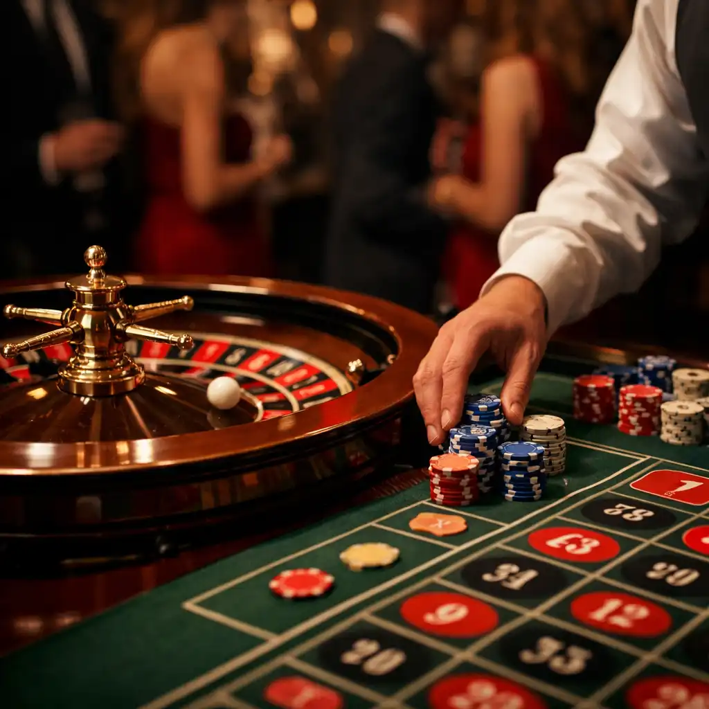 Roulette table at a private event with the wheel spinning and a croupier's hand placing chips