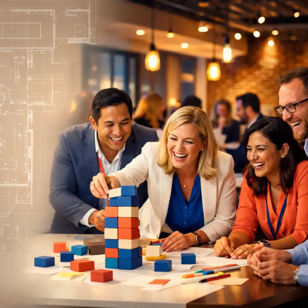 A dynamic team event in a modern London venue with professionals collaborating and laughing