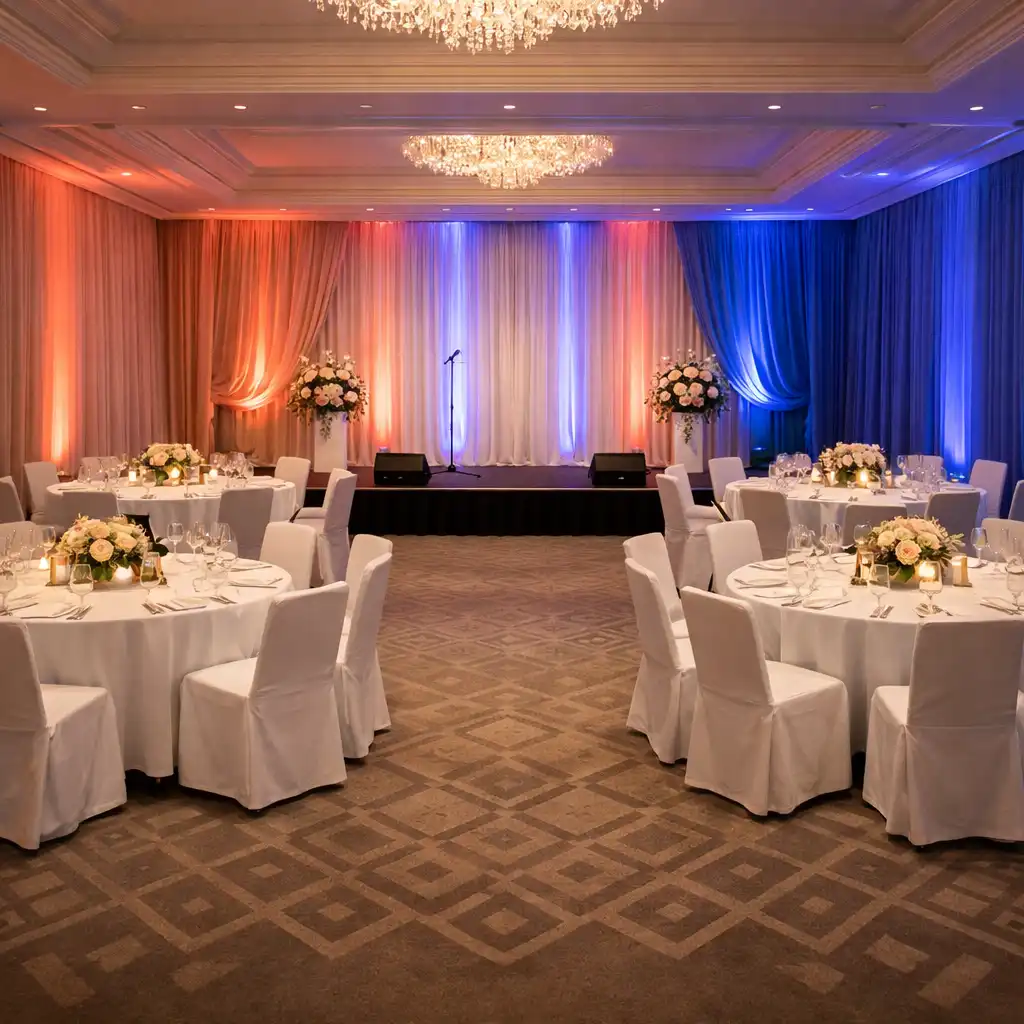 Transformed event venue with elegant dining tables, stage lighting and lounge area